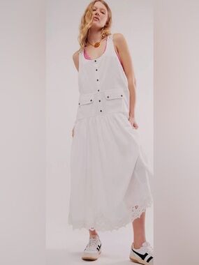 Free People Mayner Linen Cotton Battenburg Lace Trims Midi Dress